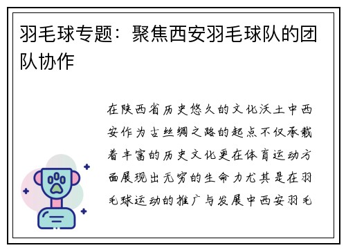 羽毛球专题：聚焦西安羽毛球队的团队协作