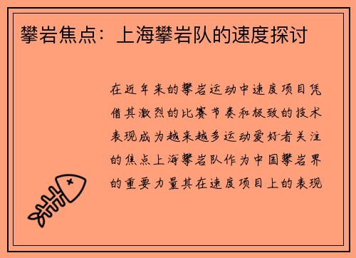 攀岩焦点：上海攀岩队的速度探讨